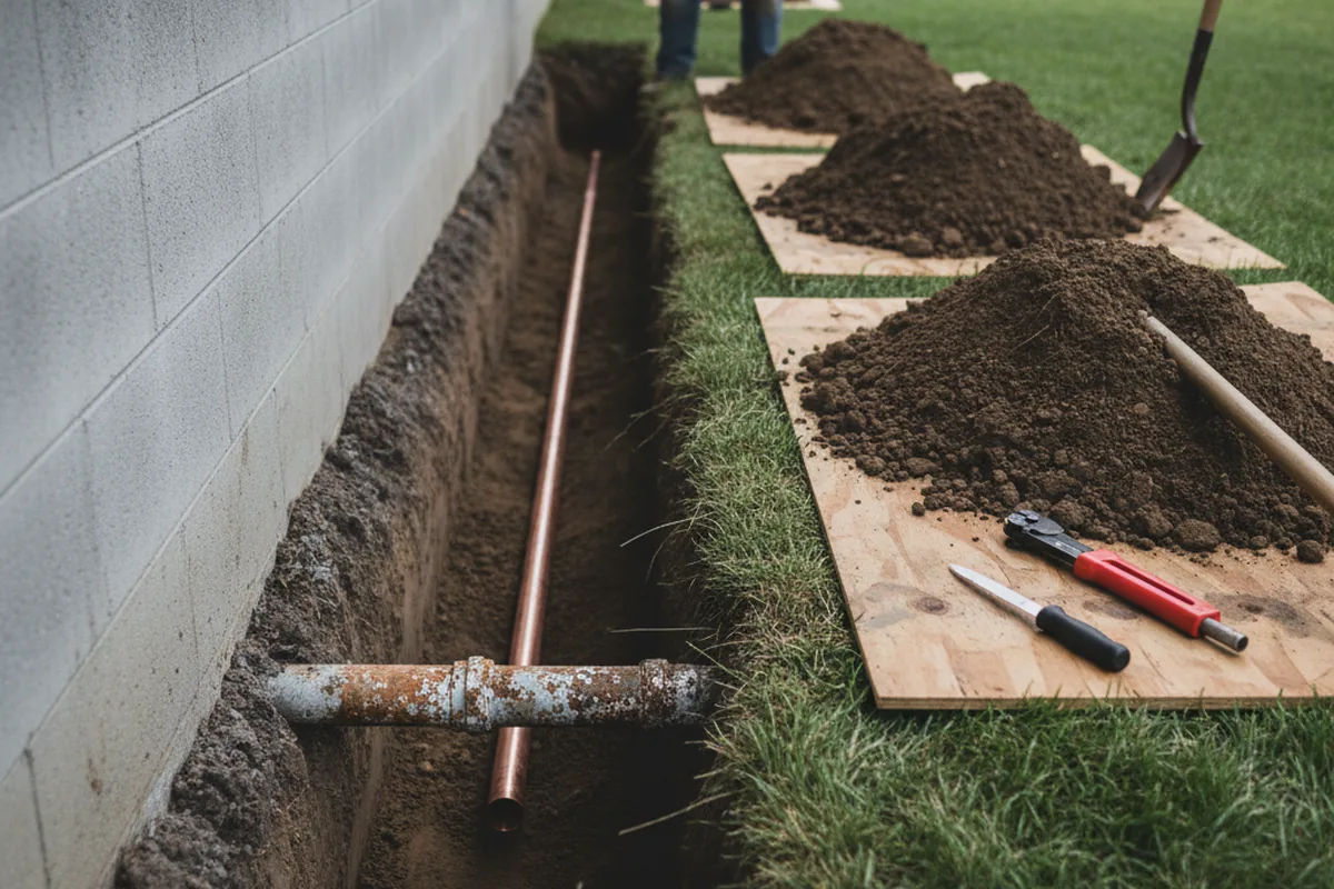Excavated water line trench during Water Softener Installation in Harrington